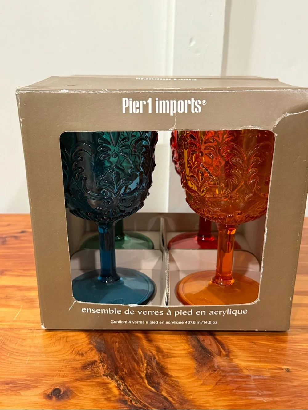 NWT Pier 1 Imports Acrylic Goblet Tumbler Set of 4 Red Green Blue Orange